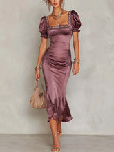 Vintage Square Lace Neck Ruched Fishtail Midi Dress