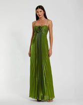Green Metallic Pleated Gown With 3D Flower