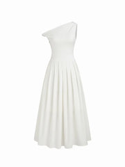 Cotton-blend Asymmetrical Neck Ruched Twist Pleated Maxi Dress