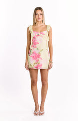 Joyce Yellow Lily Print Chiffon Mini Dress