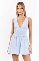 Juna Light Blue Stripe Shirred Mini Dress