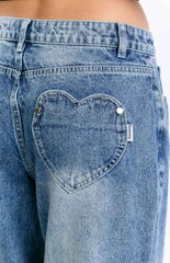 Lovers Lane Mid Wash Denim Heart Pocket Slouchy Jeans