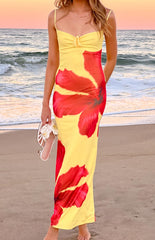 Rosalyn Yellow Hibiscus Print Maxi Dress