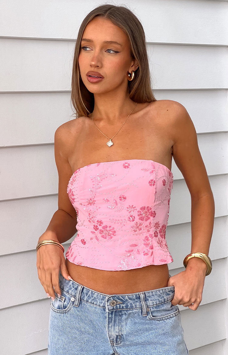 Vila Light Pink Strapless Beaded Top