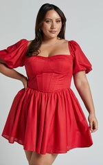 Souza Mini Dress - Fit and Flare Puff Sleeve Corset Dress in Red