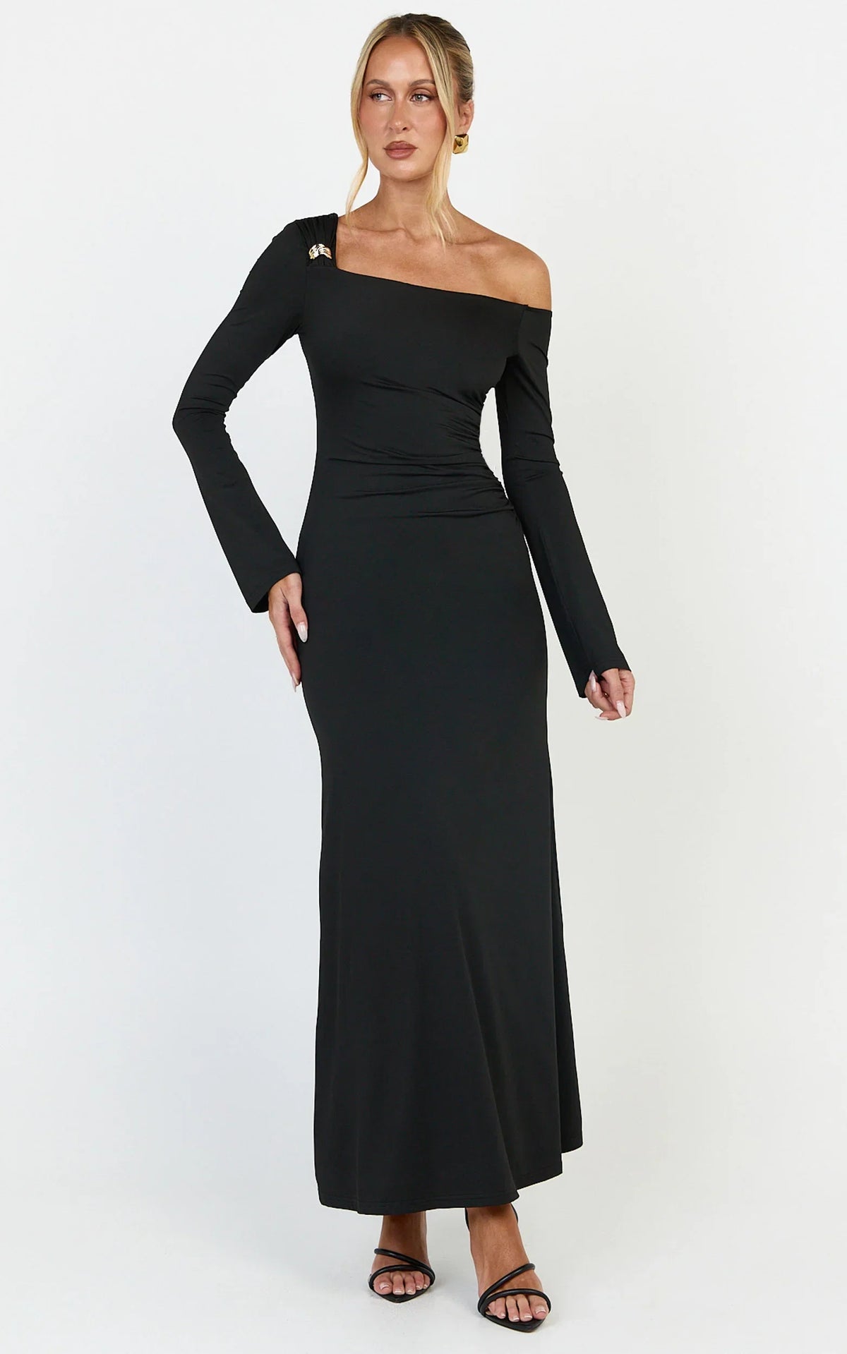 Daisy Maxi Dress - Long Sleeve Gold Hardware Detail Maxi Dress in Black