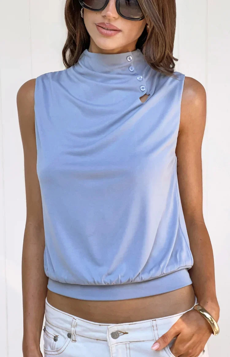 Indie Dusty Blue Keyhole Button Top