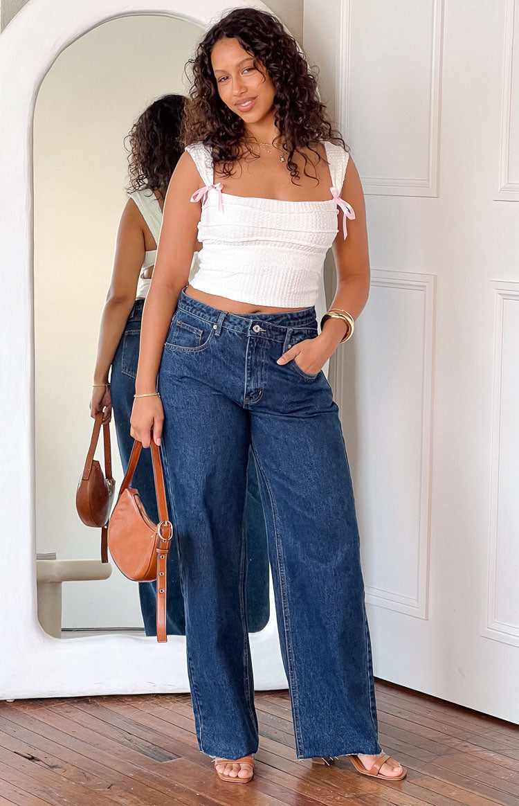 Kansis Dark Blue Uneven Waist Jeans
