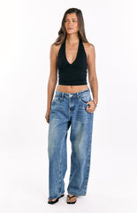 Lovers Lane Mid Wash Denim Heart Pocket Slouchy Jeans