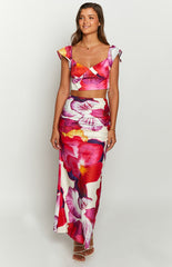 Romantic Rose Pink Floral Print Maxi Skirt
