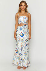 Willa White Satin Italia Print Maxi Dress