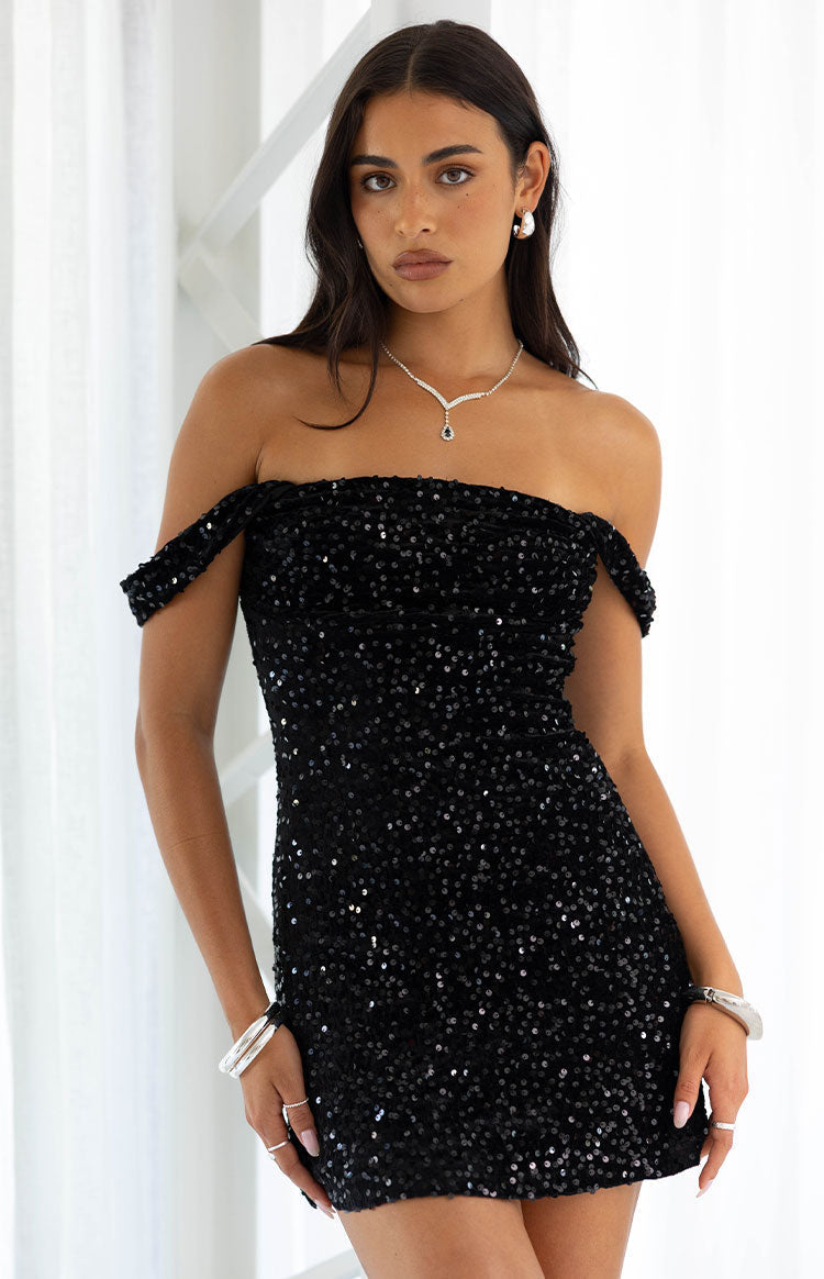 Zoella Black Velvet Sequin Off The Shoulder Mini Dress