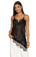 Ziva Black Satin Lace Trim Asymmetrical Top